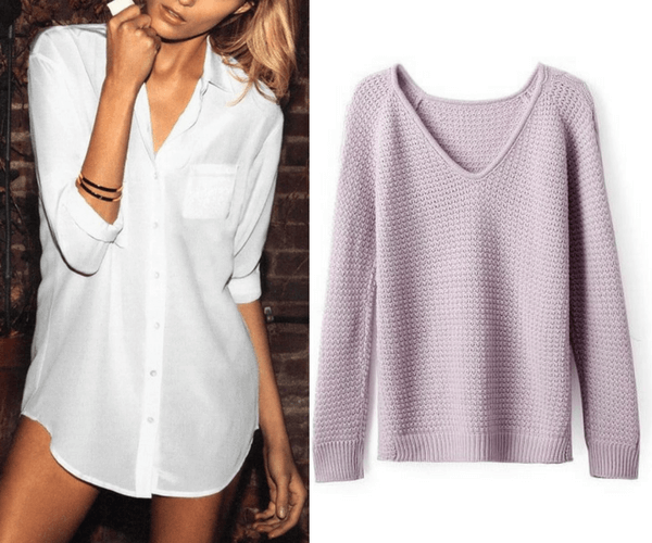 White Classic Button-Down Shirt and Must-have Lavender Sweater | Lookbook Store