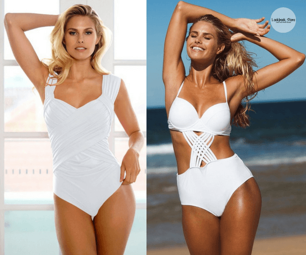 White Crossover Ruched Swimsuit and White Crisscross-Front Monokini | Lookbook Store