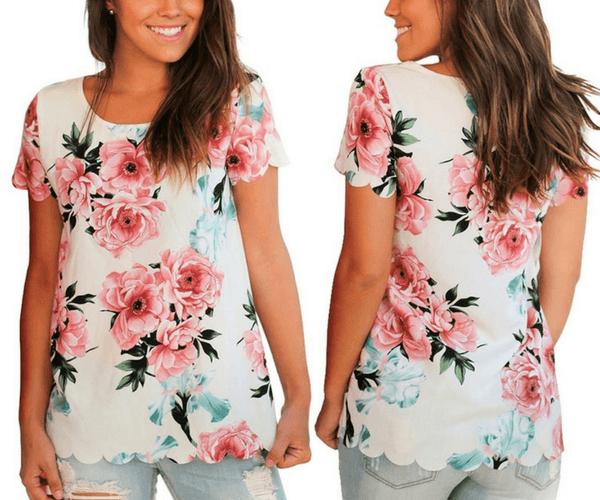 White Floral Scallop-Hem Blouse | Lookbook Store