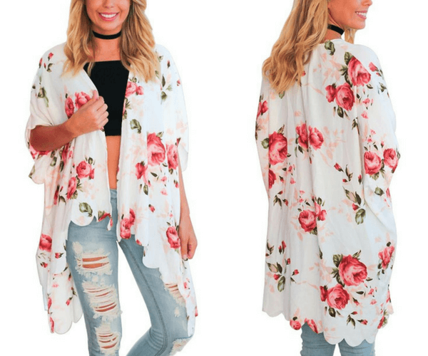 White Floral Scallop-Hem High-Low Kimono | Lookbook Store