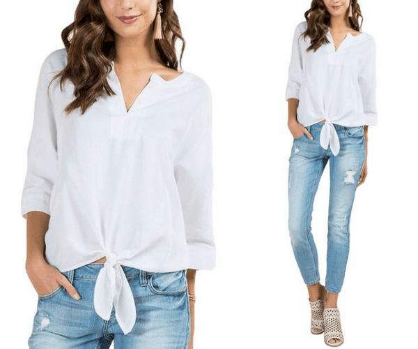 White V-Neck 3/4 Sleeves Knot Tie-Front Blouse - Lookbook Store