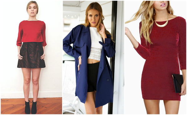 Blue trench coat and red dresses