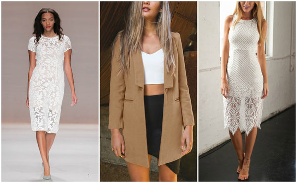Brown trench coat and white dresses