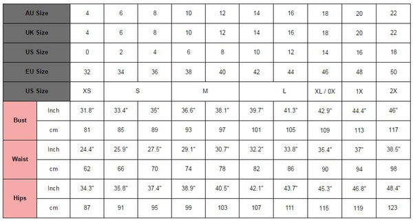 Lookbook Store clothing size chart