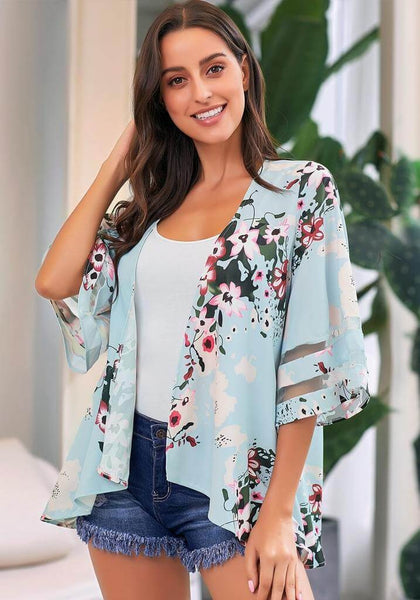 Sky Blue 3/4 Bell Mesh Panel Sleeves Open-Front Floral Kimono