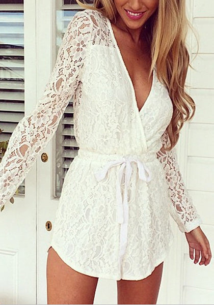 White Lace V Neck Romper Lookbook Store 9125