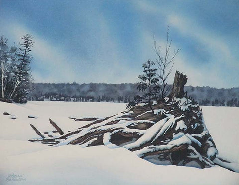 Winter on Lake Kashwakamak, watercolour by Karen Richardson