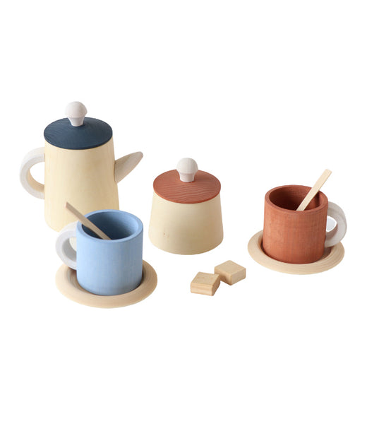 blue wooden tea set