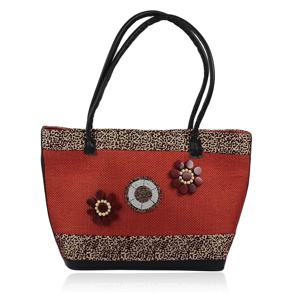 Kenyan Jute Handbag with Maasai Beadwork & Wood Emblems | The Black Art Depot