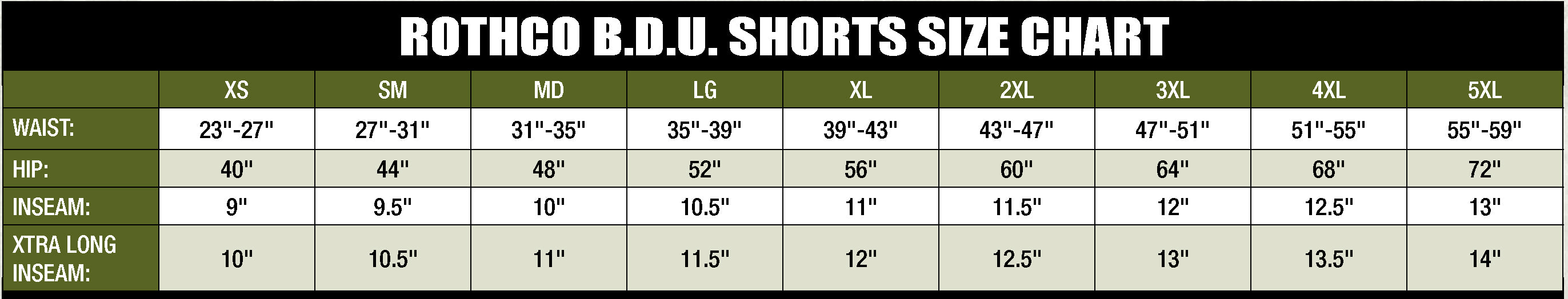 bdu short rothco size chart