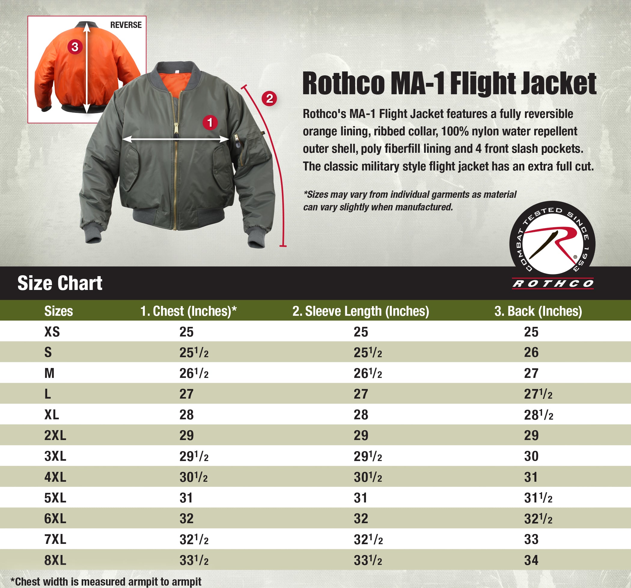 flight jacket size chart