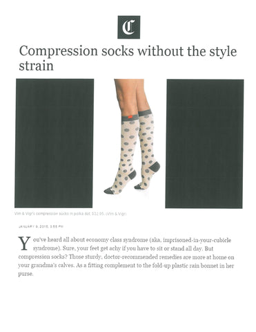 The article of Chicago Tribune that featured VIM & VIGR Compression Socks stylish compression socks in "Compression Socks Without the Style Strain"