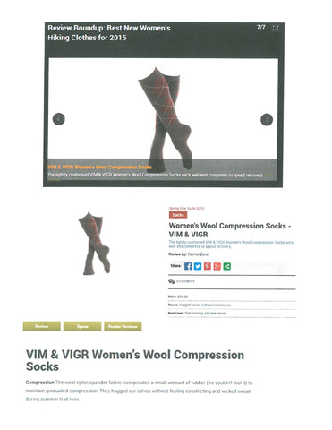 Backpacker’s Spring Gear Guide article that highlights VIM &VIGR’s wool socks in the women’s apparel essentials section for their April print edition and online on their website.