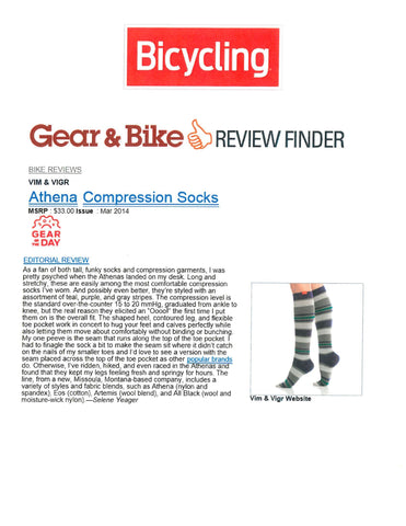 An article of Bicycling Magazine which recommends VIM & VIGR Compression Socks as "among the most comfortable compression socks I've worn."