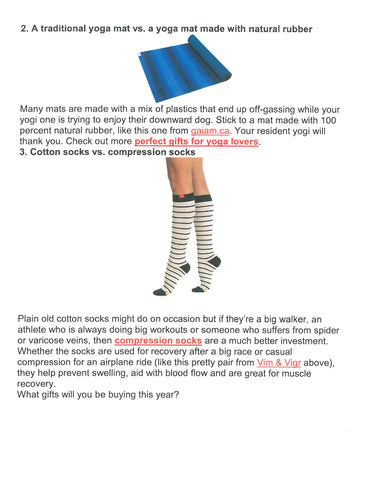 Canadian Living featuerd VIM & VIGR stylish compression socks in it's article "3 gifts not to buy your health nut this year (and what to buy instead)" - as one of the good gift recommendations