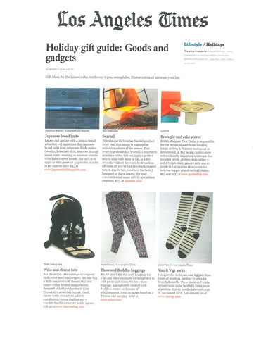 The article of L.A. Times Online that featured VIM & VIGR Compression Socks stylish compression socks in its "Holiday gift guide: Goods and gadgets"