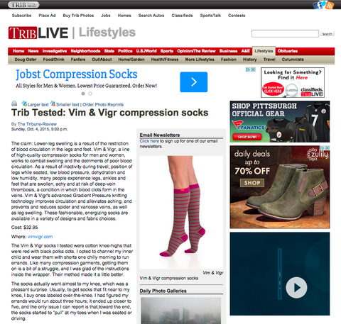 Pittsburg Tribune-Review article on tried and tested VIM & VIGR Compression Socks compression socks