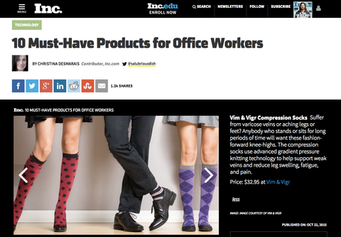 Inc.com webpage that features VIM & VIGR Compression Socks