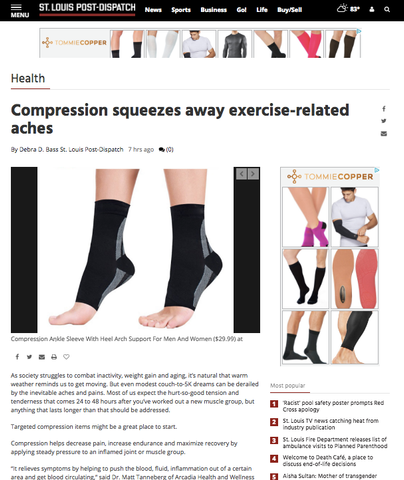 An article of St.LouisPost-Dispatch.com that included VIM & VIGR Compression Socks on how compression eases exercise-related aches