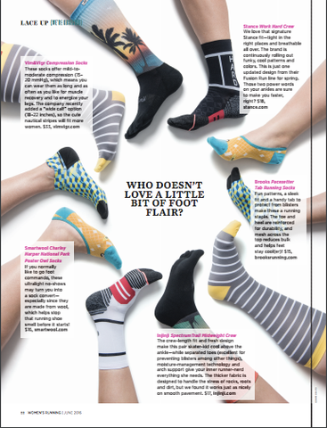 Women's Running feature article about socks that recommends VIM & VIGR compression socks