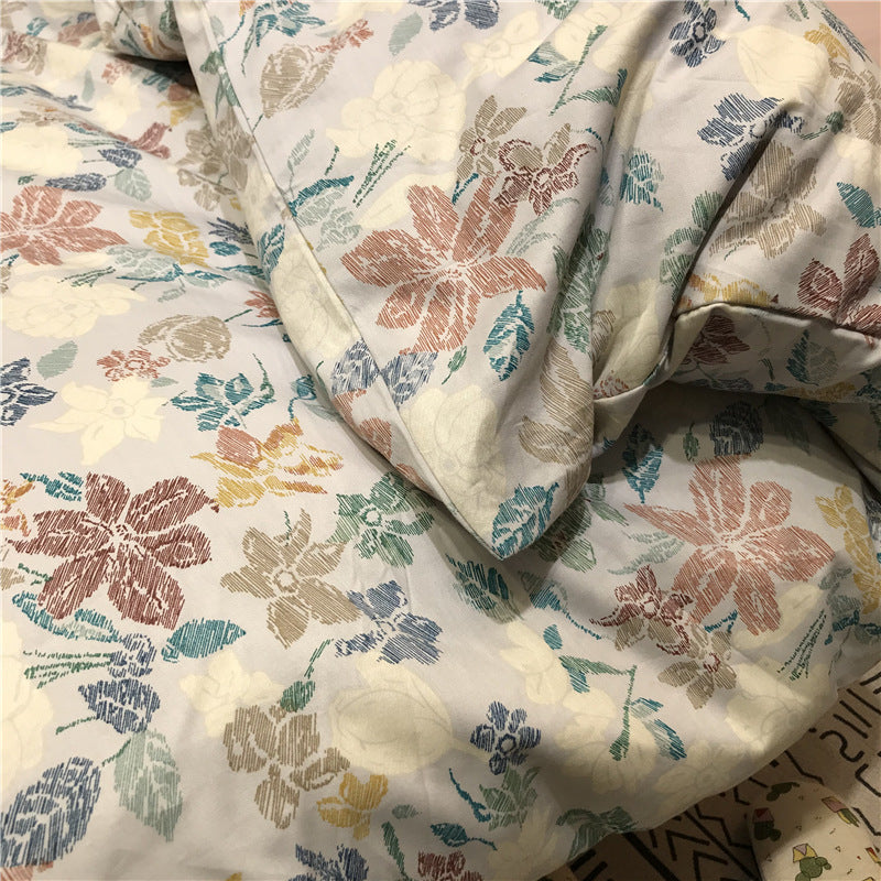 Retro Floral Printed Duvet Cover Set Cotton Adult Bedding Set