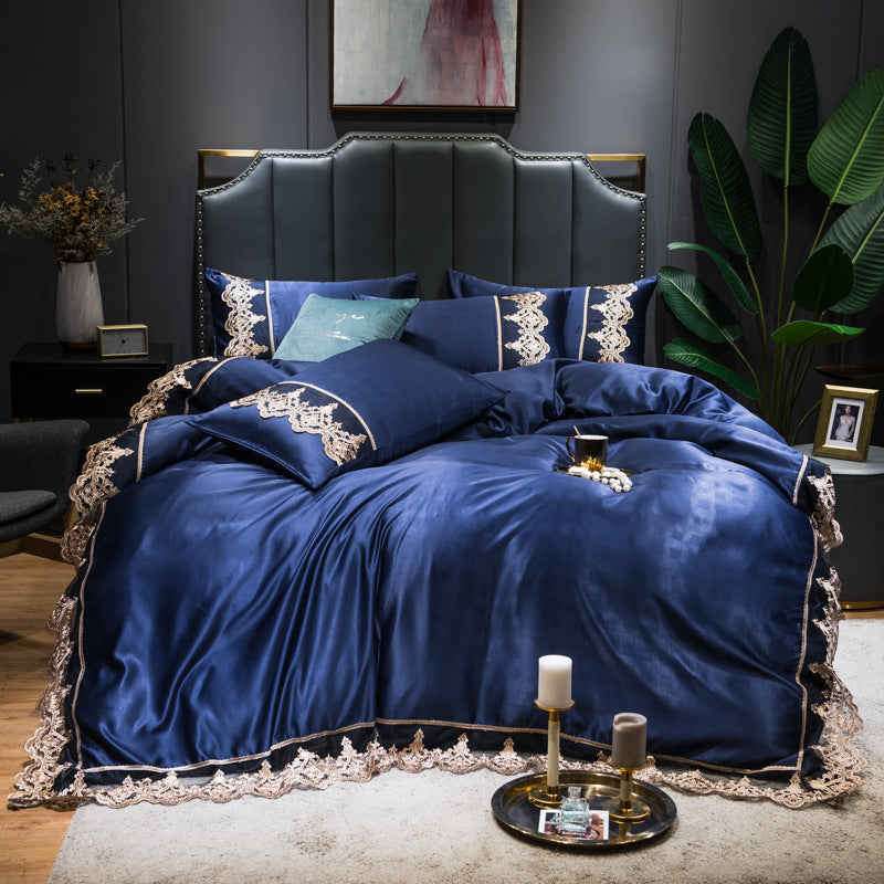 4 Pieces Embroidered Lace Bedding Duvet Cover Set