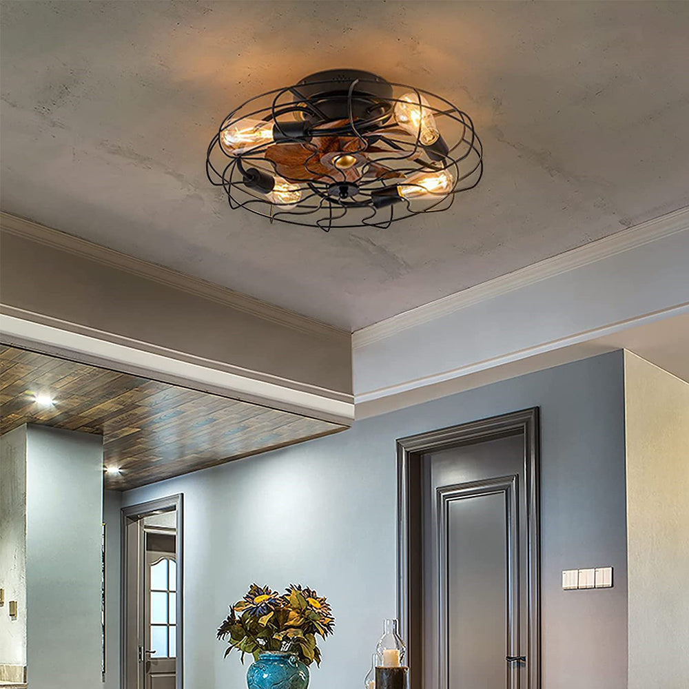 4-Light industrial-style Iron Cage Ceiling Fan Light