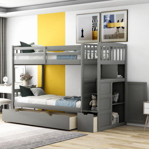 Twin/Full Bunk Bed with Storage Drawer and Cabinet
