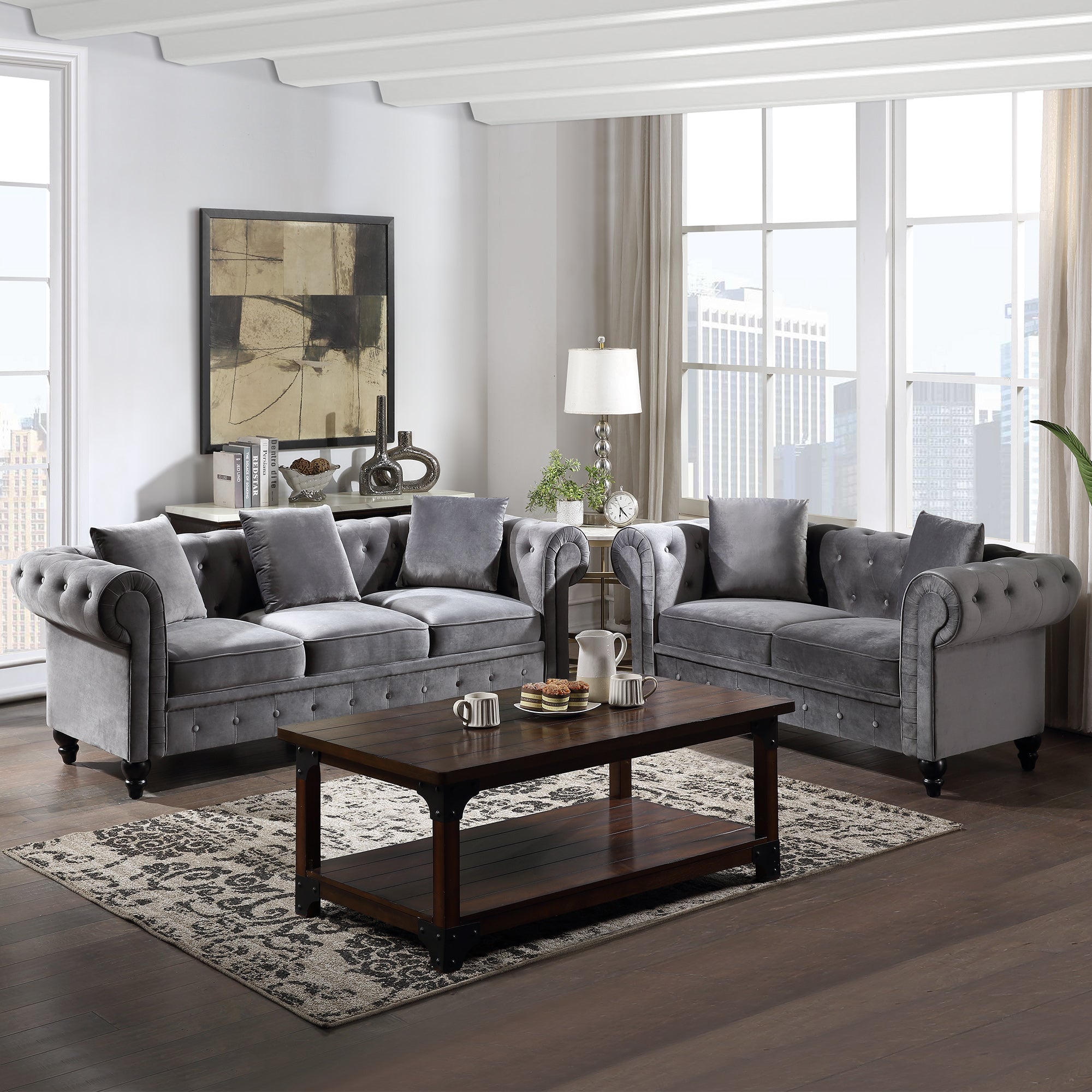 2 Pieces Tufted Velvet Loveseat & 3 Seat Sofa For Living Room