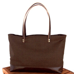 Mini Brown Houndstooth & Brown Leather Tote