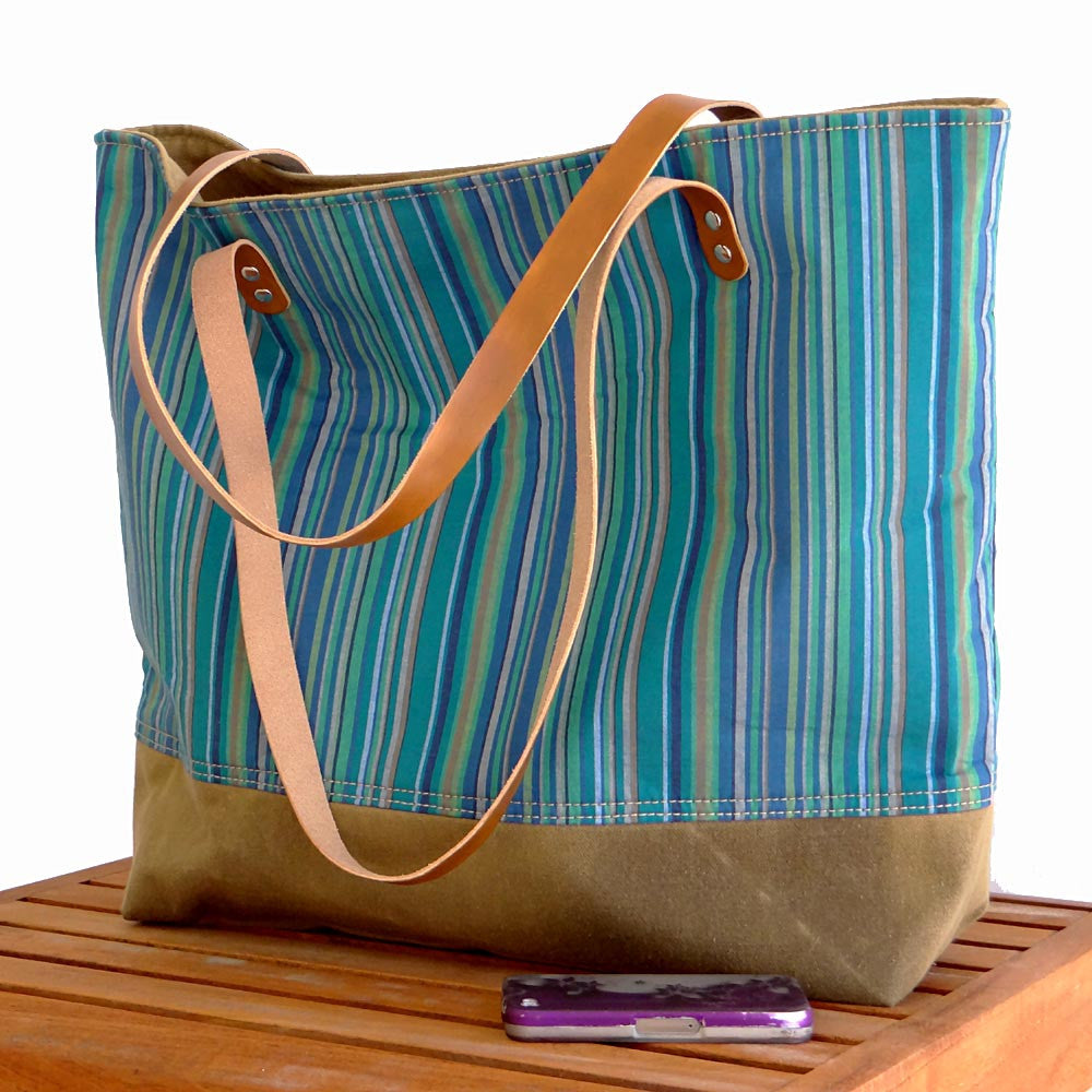 Striped Beach Tote - Blues, Green, Beige & Brown Leather Straps | 1820 Bag Co.