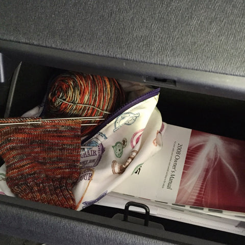 Sock in progress in the glove box