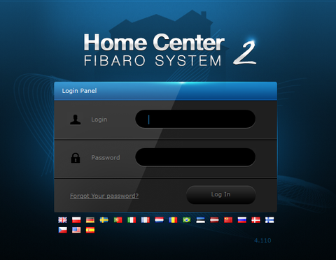 Fibaro Z-Wave Gateway Controller Home Center 2 FGHC2 Log-in Screen