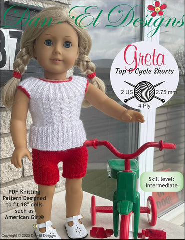 Dan-El Designs Knitting Greta Top and Cycle Shorts Knitted Outfit 18" Doll Knitting Pattern larougetdelisle