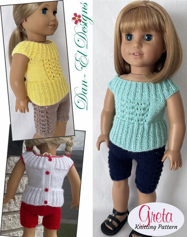 Dan-El Designs Knitting Greta Top and Cycle Shorts Knitted Outfit 18" Doll Knitting Pattern larougetdelisle