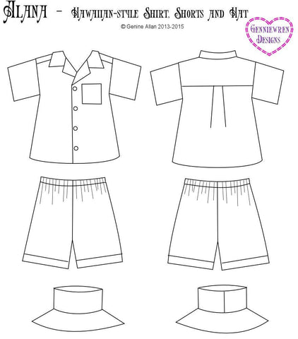 Genniewren 18 Inch Modern Alana - Hawaiian-Style Shirt, Shorts and Hat 18" Doll Clothes Pattern larougetdelisle
