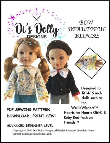 Di's Dolly Designs WellieWishers Bow Beautiful Blouse 14-15" Doll Clothes Pattern larougetdelisle