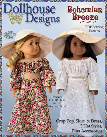 Dollhouse Designs 18 Inch Modern Bohemian Breeze Crop Top, Skirt, Dress, & Accessories 18" Doll Clothes Pattern larougetdelisle