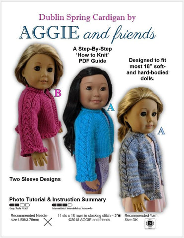 Aggie and friends Knitting Dublin Spring Cardigan 18" Doll Clothes Knitting Pattern larougetdelisle