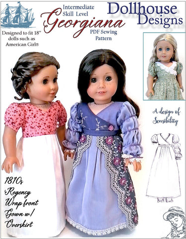 Dollhouse Designs 18 Inch Historical Georgiana 1812 Regency Gown 18" Doll Clothes Pattern larougetdelisle