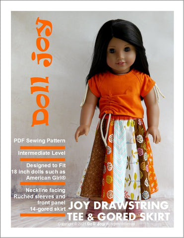 Doll Joy 18 Inch Modern Joy Drawstring Tee and Gored Skirt 18" Doll Clothes Pattern larougetdelisle