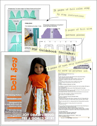 Doll Joy 18 Inch Modern Joy Drawstring Tee and Gored Skirt 18" Doll Clothes Pattern larougetdelisle