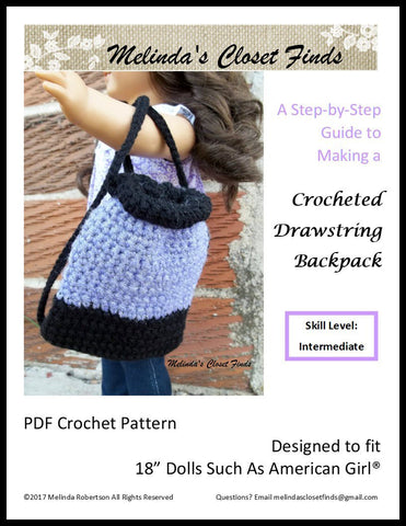 Melinda's Closet Finds Crochet Crocheted Drawstring Backpack 18" Doll Crochet Pattern larougetdelisle