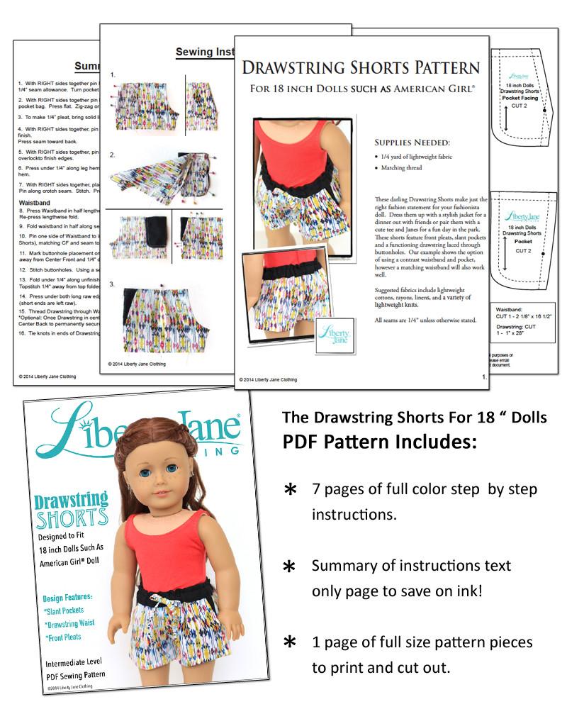 Liberty Jane Drawstring Shorts Doll Clothes Pattern 18 Inch American Girl Dolls Pixie Faire