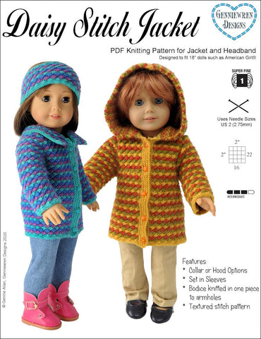 Genniewren Knitting Daisy Stitch Jacket 18" Doll Clothes Knitting Pattern larougetdelisle