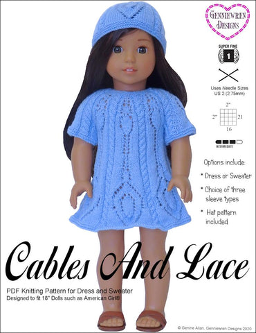 Genniewren Knitting Cables and Lace Dress 18" Doll Knitting Pattern larougetdelisle
