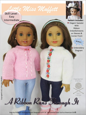 Little Miss Muffett Knitting A Ribbon Runs Through It 18" Doll Clothes Knitting Pattern larougetdelisle