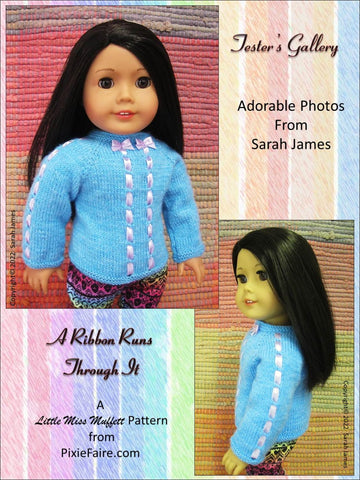 Little Miss Muffett Knitting A Ribbon Runs Through It 18" Doll Clothes Knitting Pattern larougetdelisle