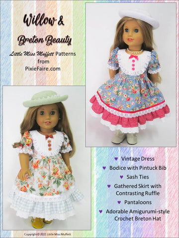 Little Miss Muffett 18 Inch Historical Willow and Breton Beauty Bundle 18" Doll Clothes Pattern larougetdelisle