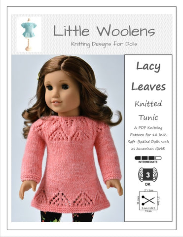 Little Woolens Designs Knitting Lacy Leaves Knitted Tunic 18" Doll Clothes Knitting Pattern larougetdelisle